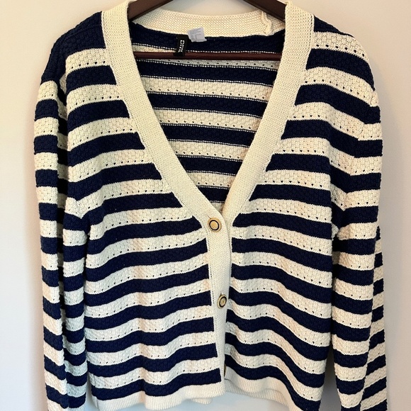 H&M Pointelle-Knit Cardigan — Dark Blue/Striped | Size Medium | Like New - Picture 1 of 5